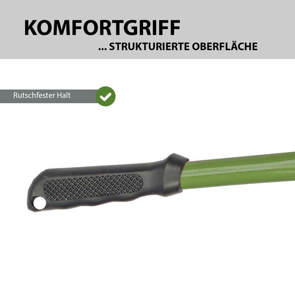 Stielgriff mit strukturierter Oberfläche für rutschfesten Halt bei Gartengeräten.