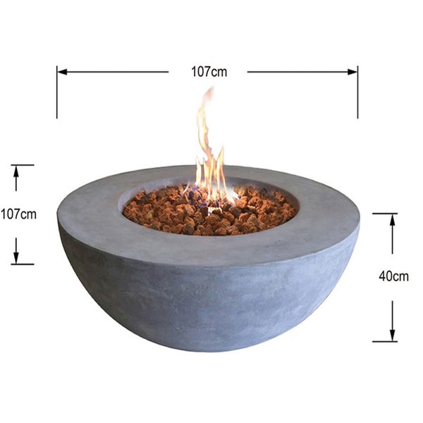 Runde Gasfeuerstelle in Beton-Optik mit Lavasteinen und Flamme. Durchmesser 107 Zentimeter, Höhe 40 Zentimeter.