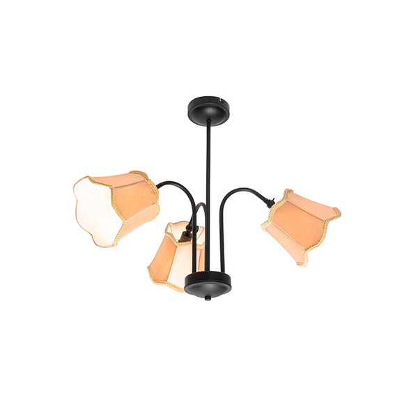 Dreiflammige Deckenleuchte mit schwarzen Metallarmen und pfirsichfarbenen Stoffschirmen mit Zierrand.
