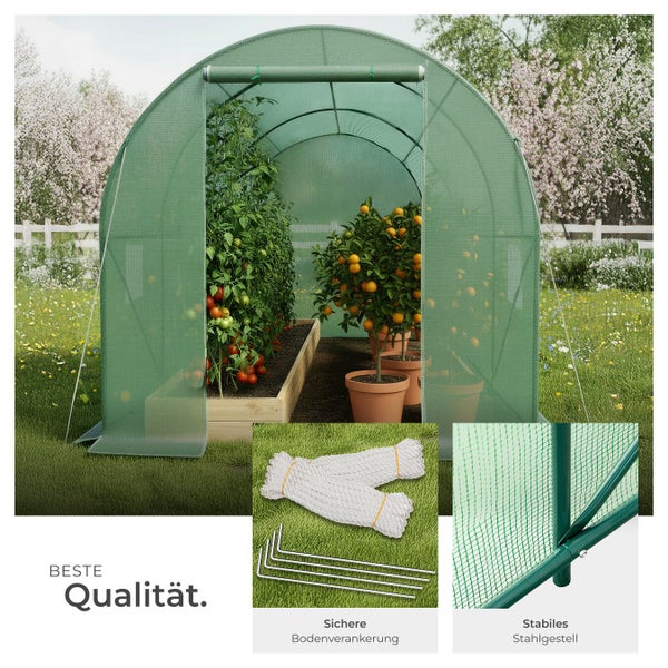 Gewächshaus mit Pflanzen und Zubehör für sichere Bodenverankerung und stabiles Stahlgestell