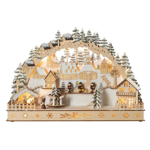 Holz Schwibbogen mit winterlicher Dorf Szene und LED Beleuchtung als Weihnachtsdekoration