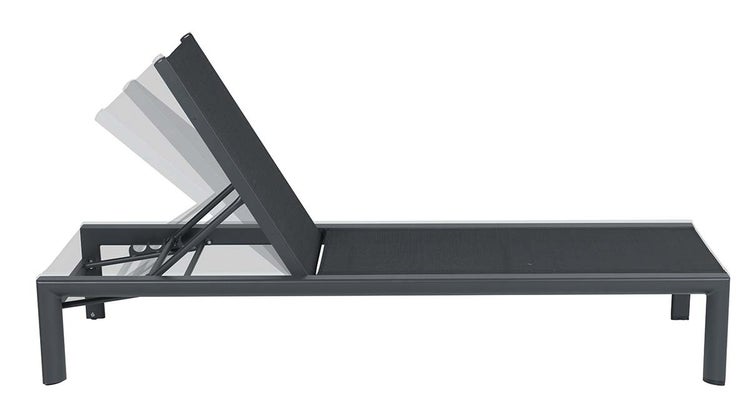Anthrazitfarbene Gartenliege aus Aluminium und Textil mit verstellbarer Rückenlehne.