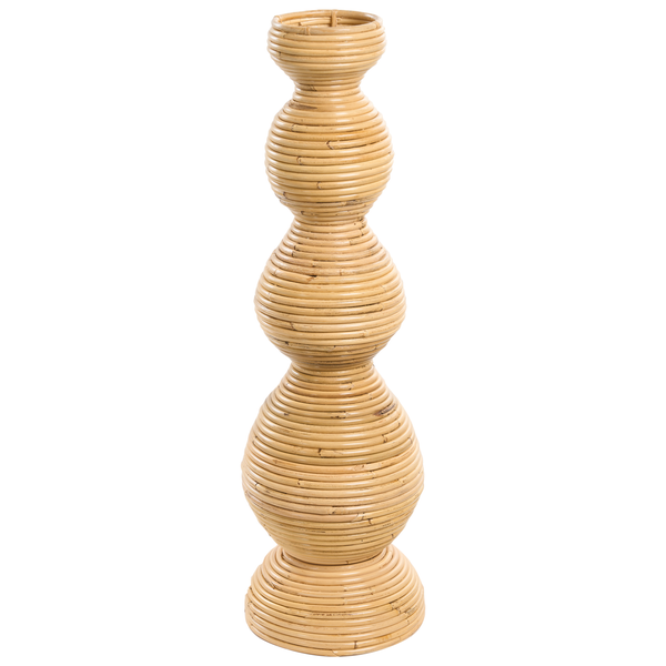 Hohe Bodenvase aus gewickeltem Rattan mit skulpturalem Design aus übereinander gestapelten Kugeln.