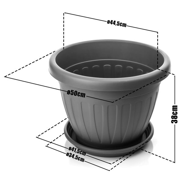 Runder Kunststoff Pflanztopf mit Untersetzer und Maßangaben, Durchmesser 50 Zentimeter und Höhe 38 Zentimeter.
