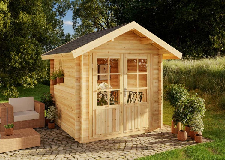 Alpholz Gartenhaus Palma Gartenhaus aus Holz in natur, Holzhaus mit 28 mm Wandstärke, Blockbohlenhaus mit Montagematerial imprägniert 2,6x2,6m