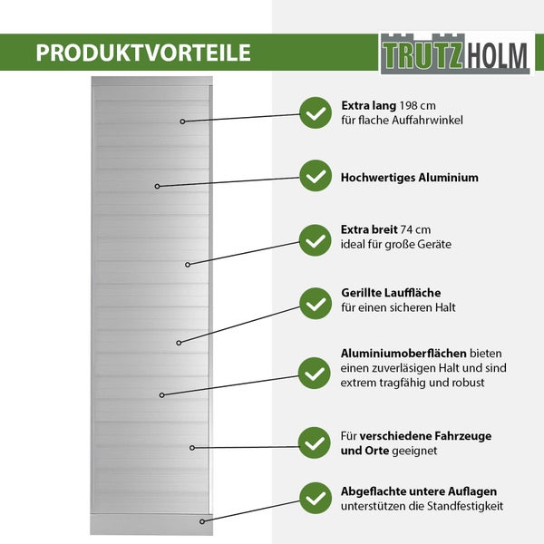 Produktvorteile der TrutzHolm Aluminium-Auffahrrampe mit extra Länge, hochwertigem Aluminium, extra Breite, gerillter Lauffläche, Eignung für verschiedene Fahrzeuge und abgeflachten Auflagen