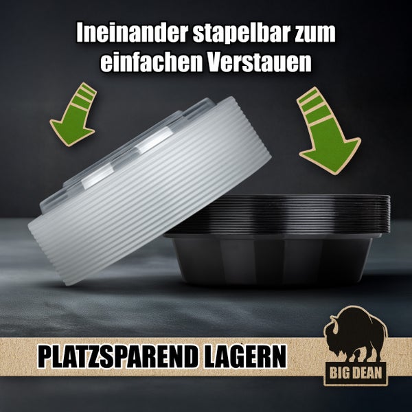 Ineinander stapelbare Kunststoffeinsätze für Pflanzgefäße für eine platzsparende Lagerung. Big Dean Logo.