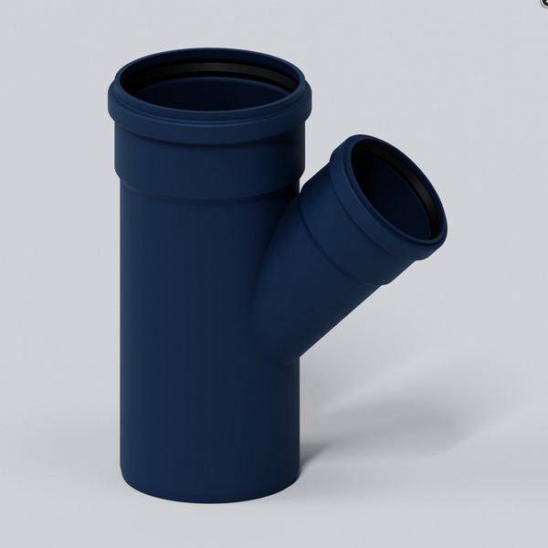 Dunkelblauer Hochtemperatur-Abzweig aus Kunststoff für Abwasserrohre mit zwei Muffen und integrierten Dichtungsringen.