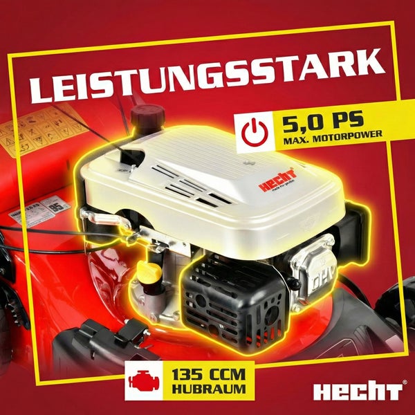 Hecht Rasenmähermotor mit 5,0 Pferdestärken maximaler Motorleistung und 135 Kubikzentimeter Hubraum.