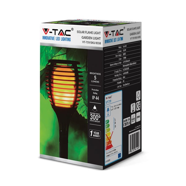 Verpackung einer Solar-Gartenleuchte mit Flammeneffekt der Marke V-TAC