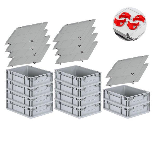 PROREGAL Spar Set 10x Eurobox Nextgen Economy Mit Auflagedeckel & 4x Schiebeschnappverschlüsse Rot Griffe Geschlossen HxBxT 12 x 30 x 40 cm 11 Liter