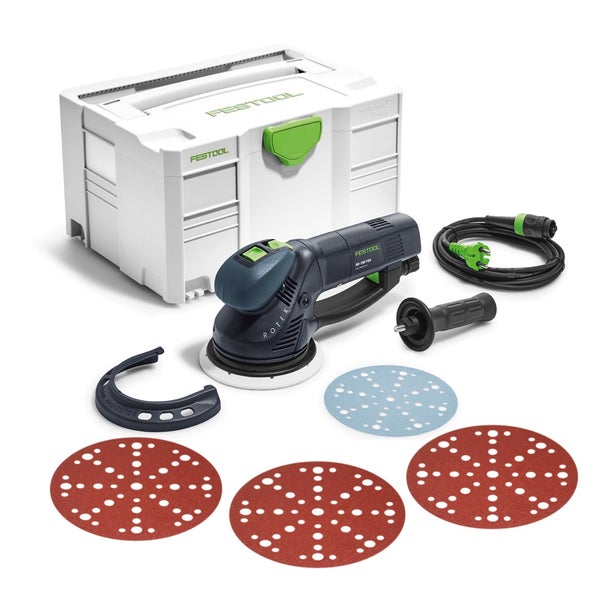 Festool RO 150 FEQ-Plus ROTEX Getriebe Exzenterschleifer 720W 5mm Hub ( 571805 ) im Systainer + 150x Rubin Schleifscheiben