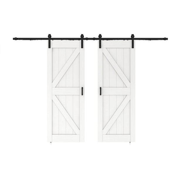 Holzschiebetür Komplettset Scheunentor weiß Doppelflügelig Beschlag in schwarz - 1550x2065mm
