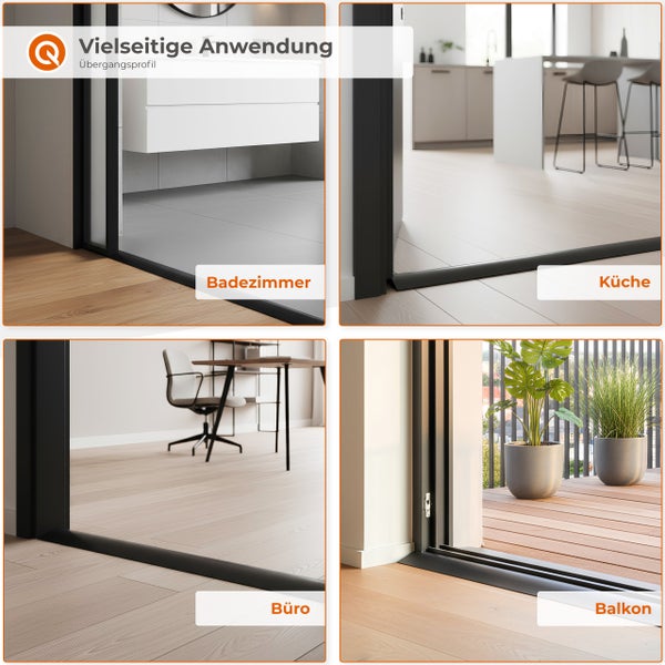 Vier Anwendungsbeispiele für ein Übergangsprofil in Badezimmer, Küche, Büro und auf dem Balkon zur Verbindung verschiedener Bodenbeläge.