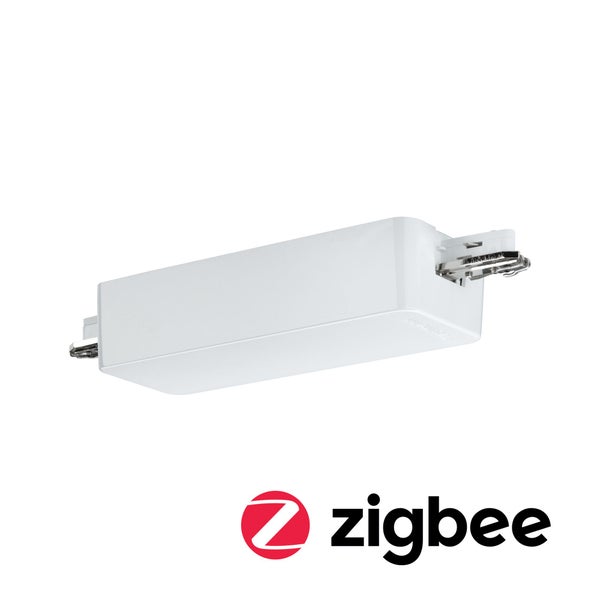 Weißer Zigbee-kompatibler Schienenbeleuchtungsadapter mit Metallsteckern und Zigbee Logo.