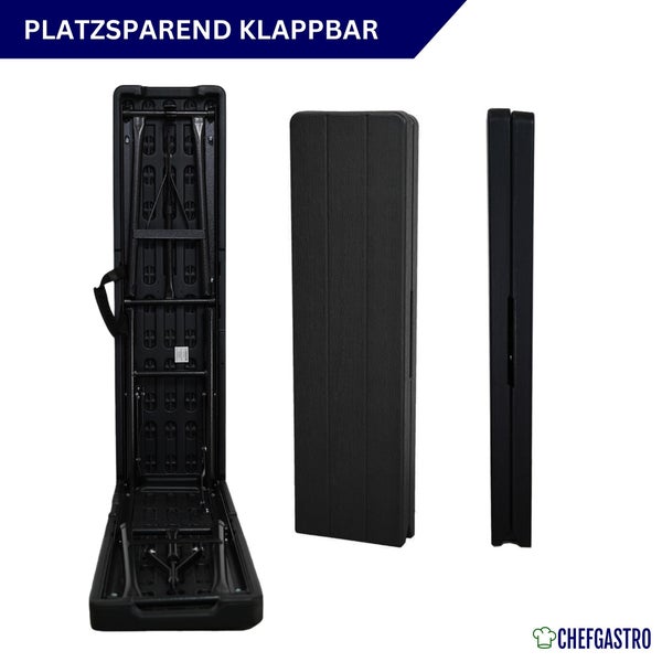 Schwarze, platzsparend zusammenklappbare Bank von ChefGastro mit Holzstruktur, Ansichten von innen, oben und der Seite. ChefGastro Logo.