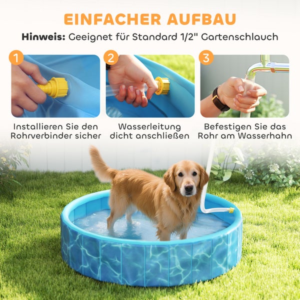 Anleitung zum Aufbau eines Hundeplanschbeckens mit Hund im Garten