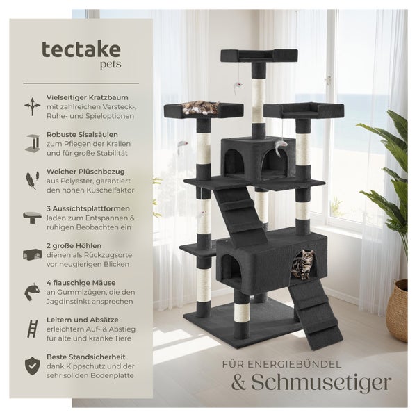 Kratzbaum tectake Barney inklusive 2 Treppen, 4 Spielmäusen und Kippschutz 170 cm schwarz