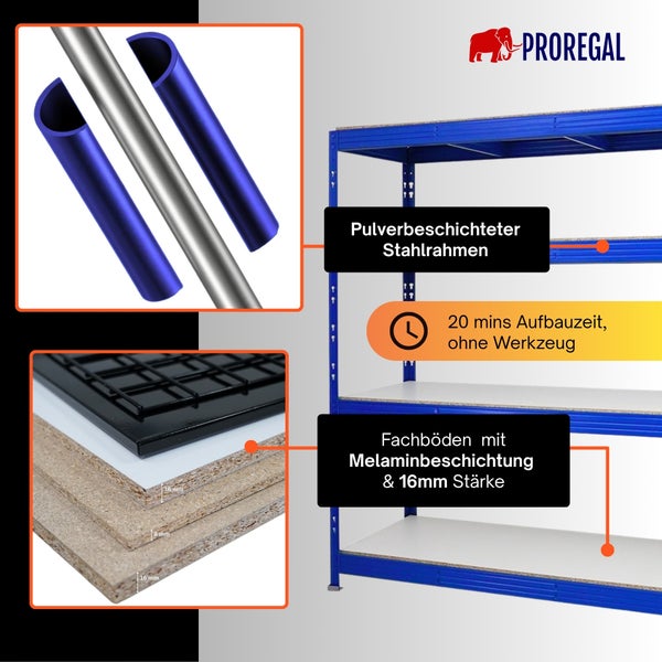 PROREGAL Logo. Schwerlastregal mit pulverbeschichtetem Stahlrahmen, Fachböden mit Melaminbeschichtung in 16 Millimeter Stärke, Montage ohne Werkzeug.