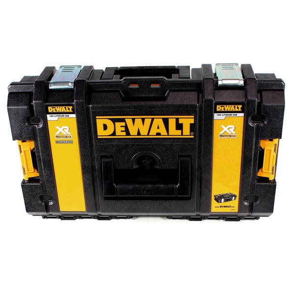 DeWALT Werkzeugkoffer aus robustem Kunststoff mit Metallverschlüssen und Tragegriff.