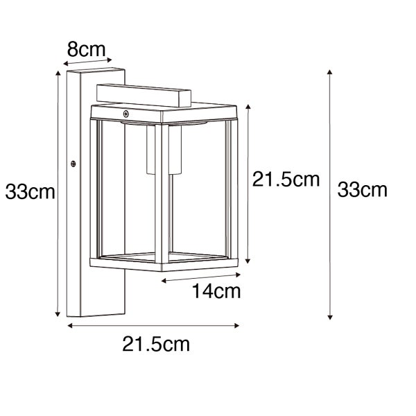 Technische Zeichnung einer Außenwandleuchte mit Maßen: Höhe 33 Zentimeter, Breite 21,5 Zentimeter und Gehäusehöhe 21,5 Zentimeter.