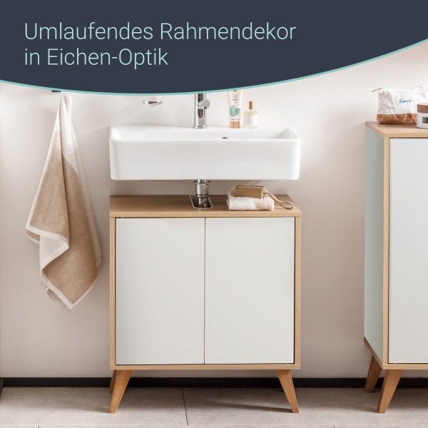 FACKELMANN FINN Badmöbel Set 3 Teile / Waschbecken / Waschbeckenunterschrank / 4 Holzfüße / Badschrank mit Push-to-Open / Korpus & Front: Weiß / Rahmendekor & Füße: Braun hell / Breite: 60 cm