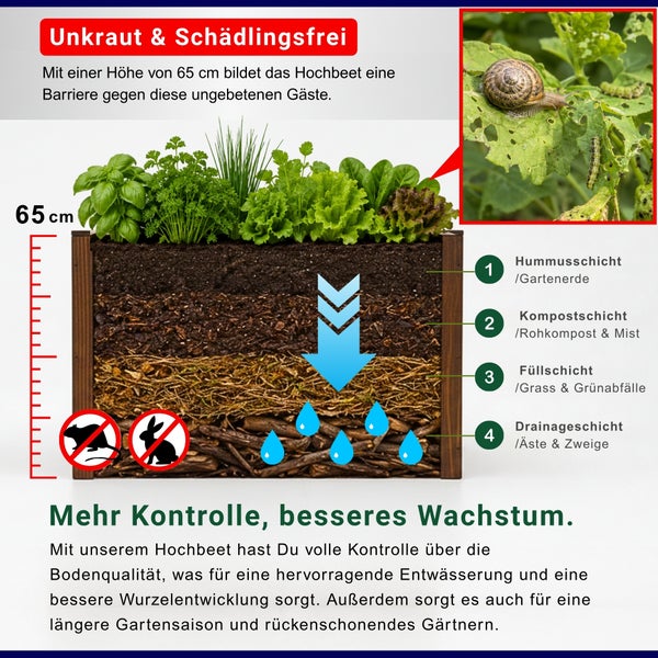 Infografik zum Schichtaufbau eines 65 Zentimeter hohen Hochbeets: Humusschicht, Kompostschicht, Füllschicht und Drainageschicht.