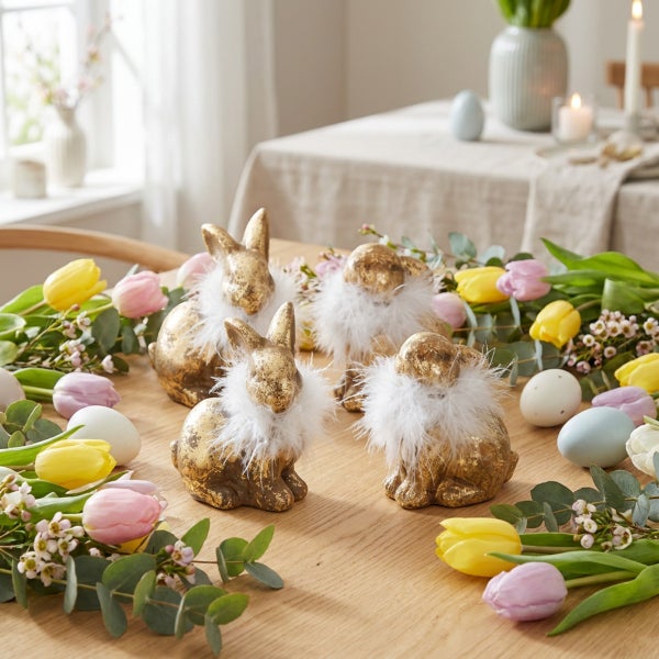 Vier dekorative Osterhasen Figuren in goldener Optik mit weißem Federkragen auf einem Holztisch mit Tulpen und Ostereiern als österliche Deko.