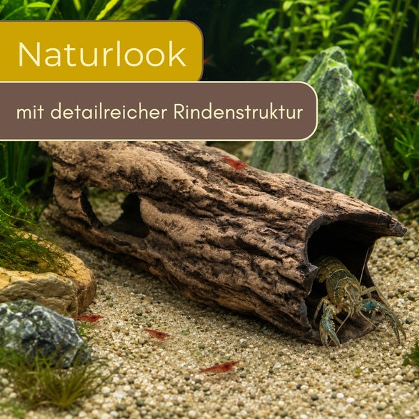 Aquarium-Dekoration hohler Baumstamm mit detailreicher Rindenstruktur, Naturlook, Versteck für Wassertiere.