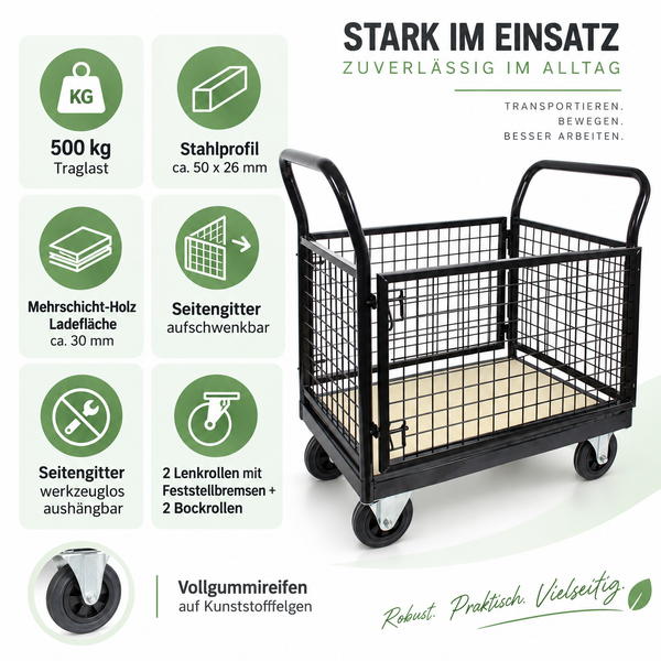 Stahl Gitterwagen mit 500 Kilogramm Traglast und aufschwenkbaren Seitengittern für Transportaufgaben im Alltag.