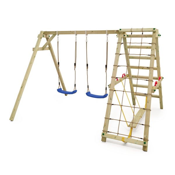 WICKEY Kinderschaukel Schaukelgestell Smart Hike , Schaukel mit Kletteranbau und Schwebebalken, Doppelschaukel, Holzschaukel - blau
