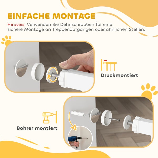 PawHut Türschutzgitter Hund, 76-104 cm Absperrgitter ohne Bohren, Treppengitter aus Stahl, Treppenschutzgitter mit Katzentür, Schutzgitter, Sicherheitsgitter für Treppen, Tür, Flur, Weiß
