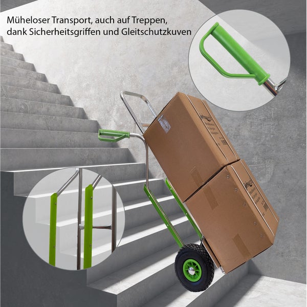 Sackkarre mit Sicherheitsgriffen und Gleitschutzkuven zum mühelosen Transport von Kartons über Treppen.