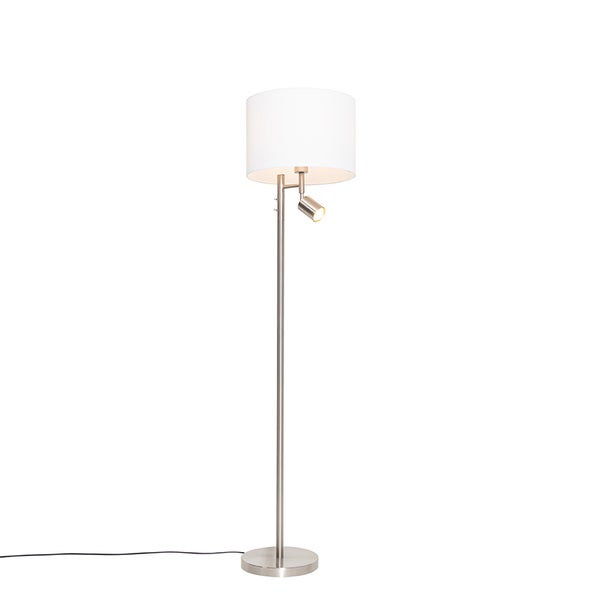 QAZQA - Modern Stehlampe aus Stahl I Silber I nickel matt mit weißem Schirm und Leselampe - Jelena I Wohnzimmer I Schlafzimmer - Stahl Rund - LED geeignet E27