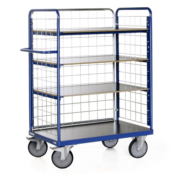 Blauer Transportwagen mit Gitterstruktur und vier Regalböden