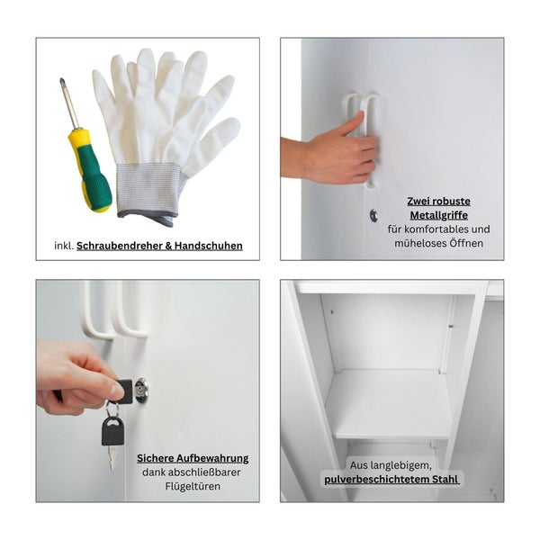 Inklusive Schraubendreher, Handschuhe, abschließbare Flügeltüren und Metallgriffe