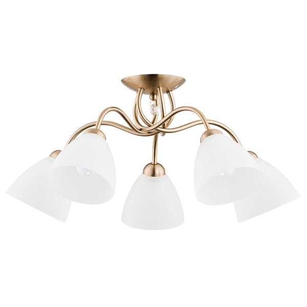 Fünfflammige Deckenleuchte mit geschwungenen Metallarmen und Glaslampenschirmen für eine elegante Innenbeleuchtung