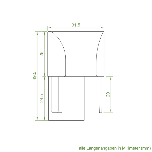 Technische Zeichnung eines Steckergehäuses mit Maßangaben in Millimetern