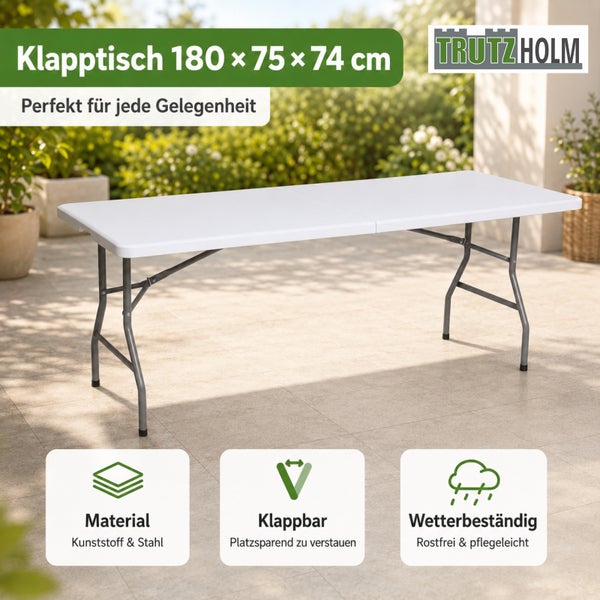Trutzholm Logo. Klapptisch aus Kunststoff und Stahl für den Außenbereich, Maße 180 mal 75 mal 74 Zentimeter, klappbar und wetterbeständig.
