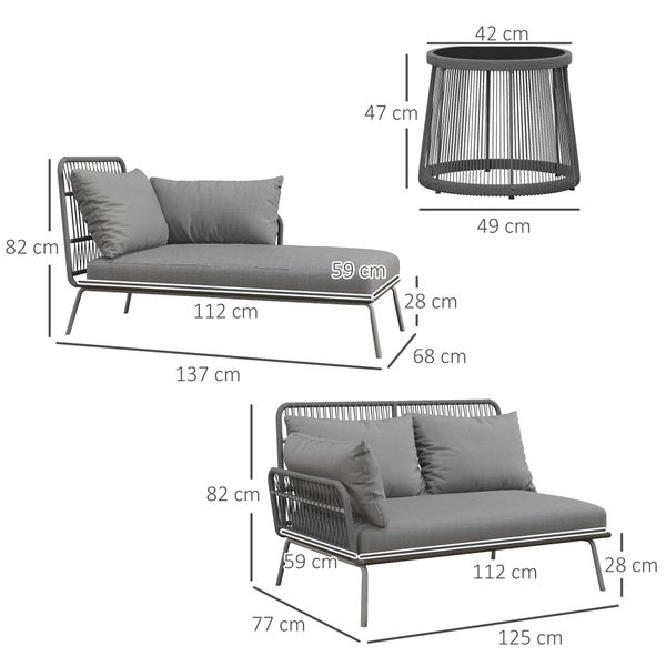 Outsunny 3 tlg. Rattan Gartenmöbel-Set, Sitzgruppe mit Kissen, Gartengarnitur mit 1 Beistelltisch, 1 Liegestuhl, 1 Doppelsofa, Sitzgarnitur für Garten, Terrasse, Stahl, Hellgrau