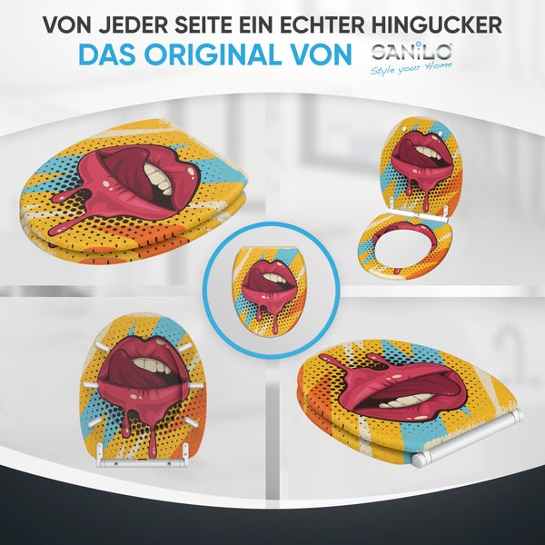 Sanilo WC Sitz mit Pop Art Motiv Lippen in verschiedenen Ansichten gezeigt