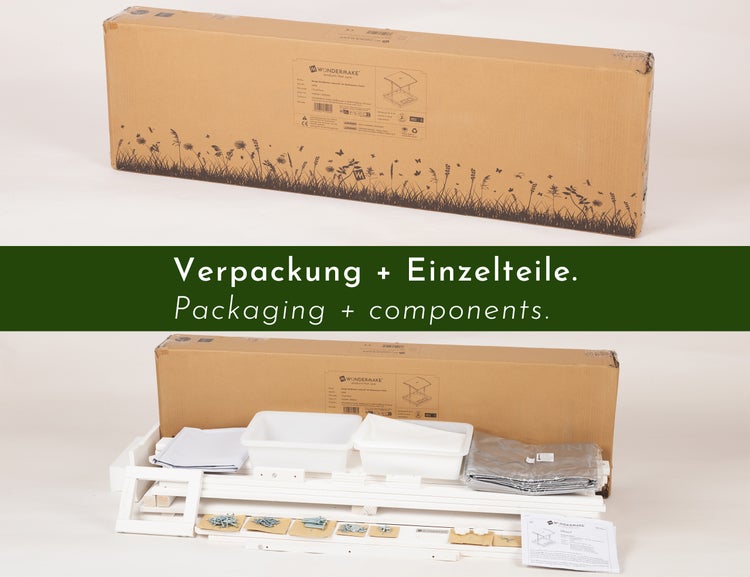 WONDERMAKE® Design Sandkasten mit Matschküche, Dach, Abdeckung OXFORD 420D, Vliesfolie, Sandkiste Holz quadratisch verschließbar Outdoor Garten für Kinder, weiß silber
