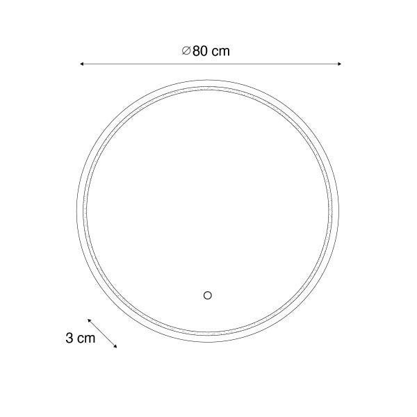 Technische Zeichnung einer runden Spiegelfläche mit einem Durchmesser von 80 cm und einer Dicke von 3 cm