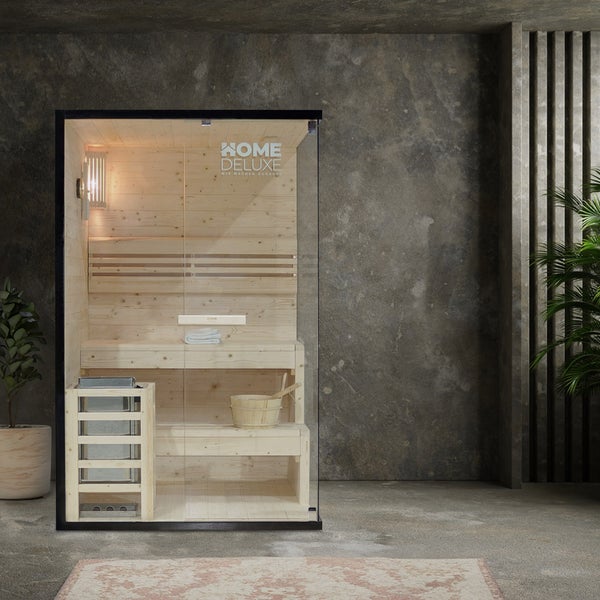 Home Deluxe - Traditionelle Sauna - Shadow M - 120 x 120 x 190 cm - für 2 Personen - hochwertiges Fichtenholz, inkl. Saunaofen, Saunazubehör I Dampfsauna Aufgusssauna Finnische Sauna Bio Sauna
