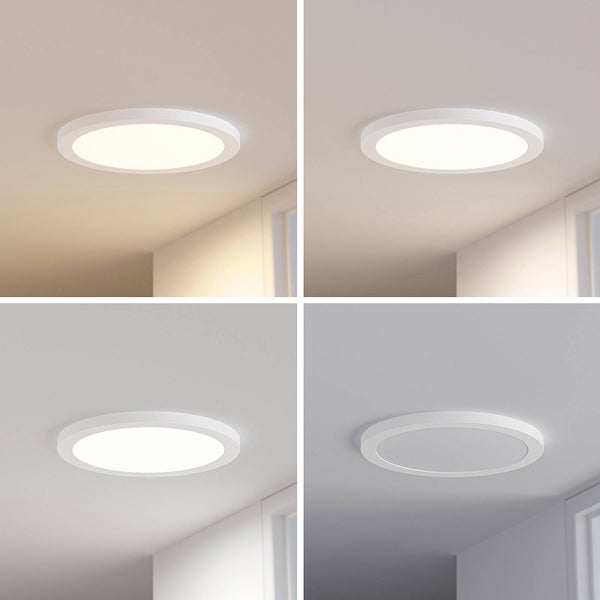 Runde LED-Deckenleuchte in vier verschiedenen Farbtemperaturen von Warmweiß bis Tageslichtweiß sowie in gedimmtem Zustand.