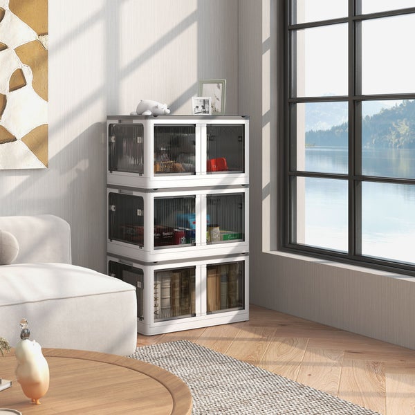 HOMCOM Aufbewahrungsbox, 69L, stapelbar, mit Rollen, faltbar, 5-seitiger Zugang, 60L x 42B x 34H cm, Kunststoff, Weiß