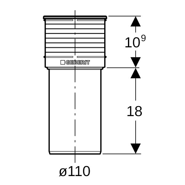 Technische Zeichnung eines Geberit Bauteils mit einem Durchmesser von 110 Millimetern, Maßangaben von 10,9 und 18 sowie Geberit Logo.
