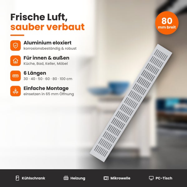 Lüftungsgitter aus eloxiertem Aluminium, 80 Millimeter breit, für den Innen- und Außenbereich in Küche, Bad, Keller und Möbeln geeignet.