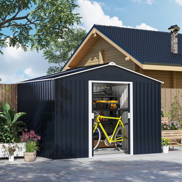Outsunny Gerätehaus 4,9 m², Gartenhaus mit Pultdach, Schiebetür, Fundament, 277 x 195 x 192 cm, Geräteschuppen aus Verzinkter Stahl, wetterfest, für Garten, Dunkelgrau