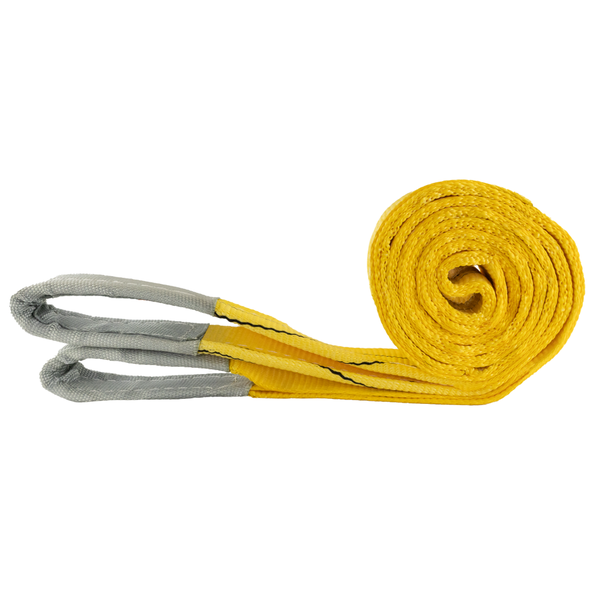 Gelbes Hebeband aus Polyester, aufgerollt mit grauen Endschlaufen zur Lastsicherung.